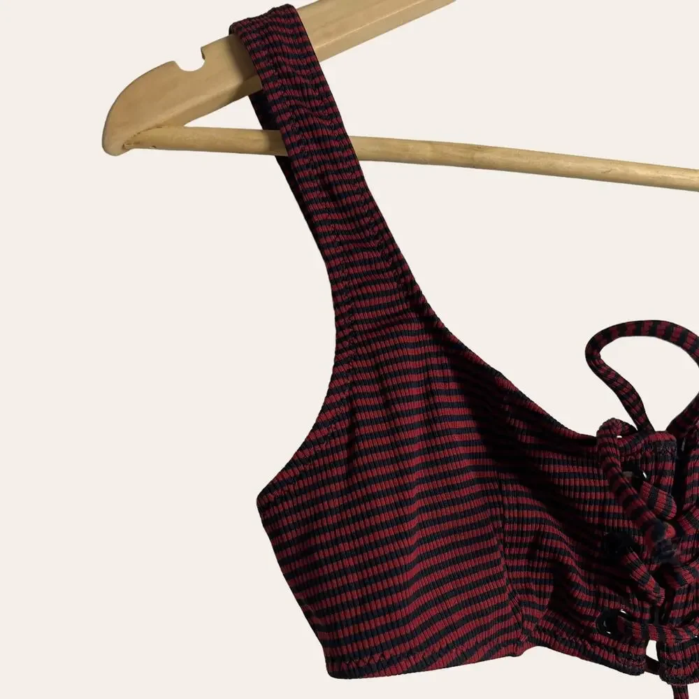 Staud x Solid and Striped Black Red Striped Lace Up Bikini Swimsuit Top S